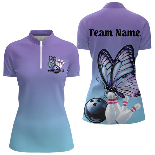 Custom Blue And Purple Gradient Butterfly Bowling Quarter-Zip Shirts For Women, Bowling Team Shirt IPHW8146