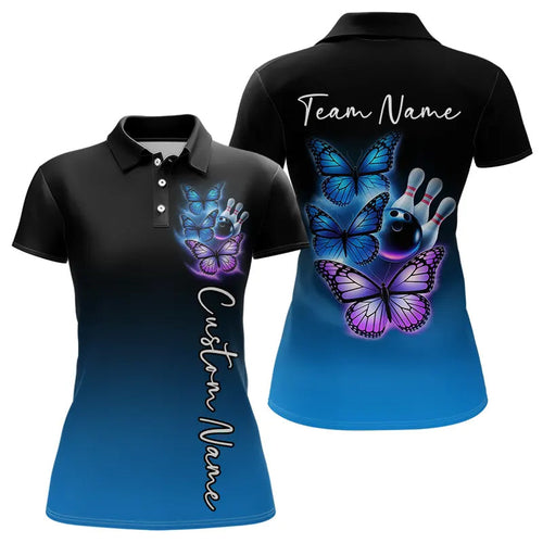 Custom Blue And Purple Butterfly Bowling Polo Shirts For Women, Bowling Team Shirt IPHW8148