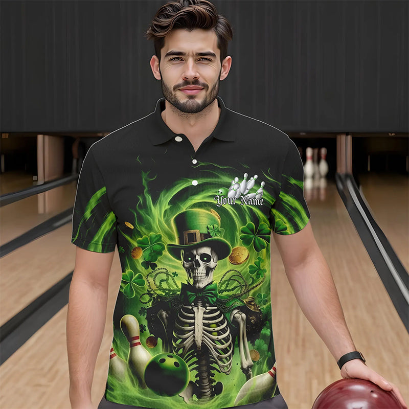 Custom Green St Patricks Day Skull Bowling Polo Shirts For Men, Shamrock Bowling Shirt IPHW8376