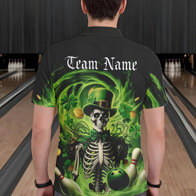 Custom Green St Patricks Day Skull Bowling Polo Shirts For Men, Shamrock Bowling Shirt IPHW8376