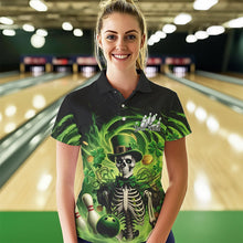 Load image into Gallery viewer, Custom Green St Patricks Day Skull Bowling Polo Shirts For Women, Shamrock Bowling Shirt IPHW8376
