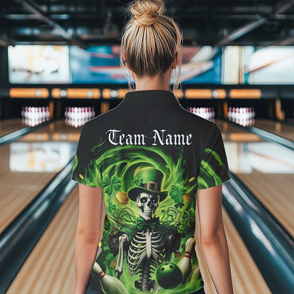 Custom Green St Patricks Day Skull Bowling Polo Shirts For Women, Shamrock Bowling Shirt IPHW8376
