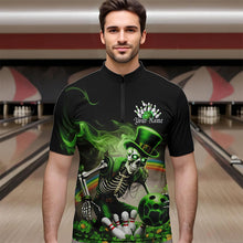 Load image into Gallery viewer, Custom Green Flame Skull Saint Patrick Day Bowling Quarter-Zip Shirts For Men, Shamrock Bowling IPHW8379