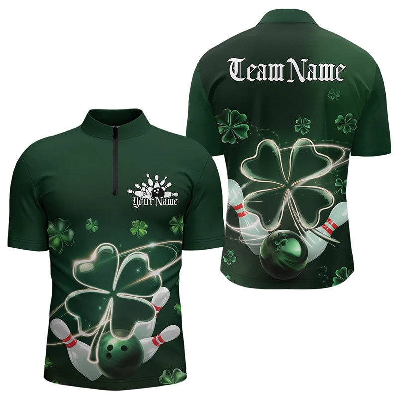 Custom Green Shamprock Saint Patricks Bowling Quarter-Zip Shirts For Men, Lucky Bowling Team Shirt IPHW8572