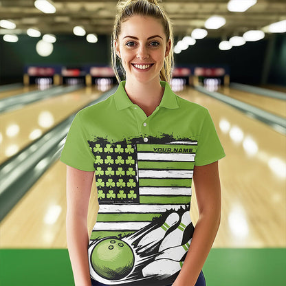 Custom Saint Patricks Bowling Polo Shirts For Women, Shamrock Flag US Bowling Team Shirt IPHW8576