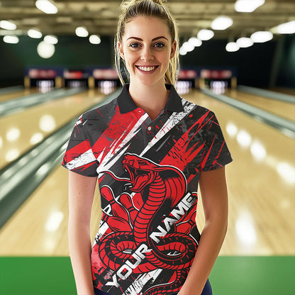 Custom Black And Red Cobra Snake Bowling Jerseys, Bowling Team Polo Shirts For Women IPHW8580