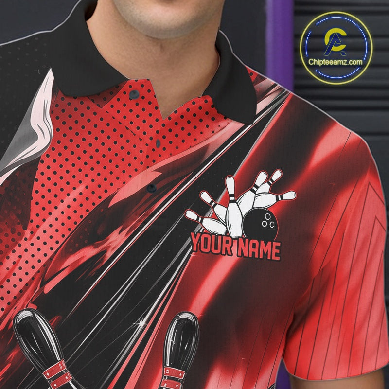 Close-up of the left chest on a black and red bowling polo shirt displaying bowling strike graphics with speed streak accents.
