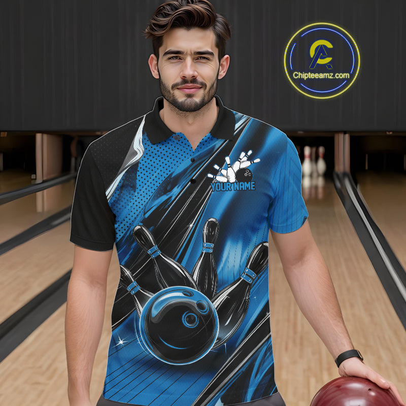 Male model wearing a black and blue bowling polo shirt at the bowling lane with action-packed bowling artwork.