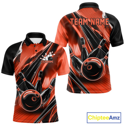 Front and back views of a black and orange mens bowling polo shirt featuring bowling ball and pin graphics with bold speed streak effects.