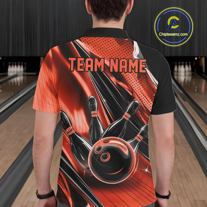Back view of a male model in a black and orange bowling polo shirt showcasing motion-inspired bowling graphics.