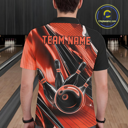 Back view of a male model in a black and orange bowling polo shirt showcasing motion-inspired bowling graphics.