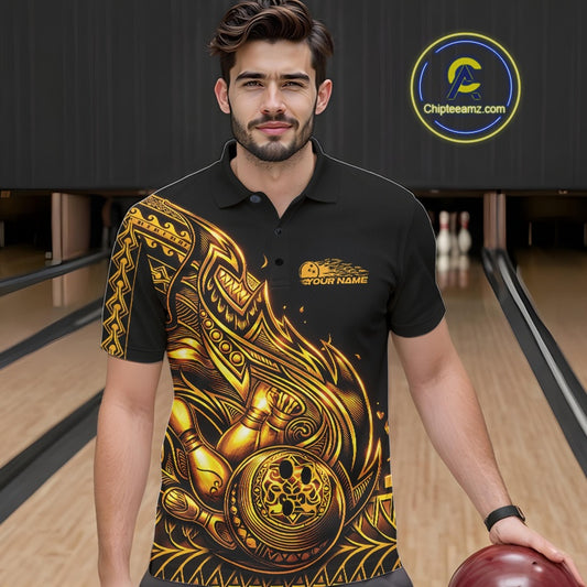 Male model wearing a black and gold bowling polo shirt at the lane with tribal-inspired bowling artwork.