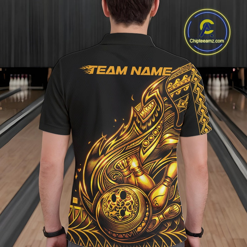 Back view of a male model in a black and gold bowling polo shirt showcasing flowing flame accents around bowling motifs.