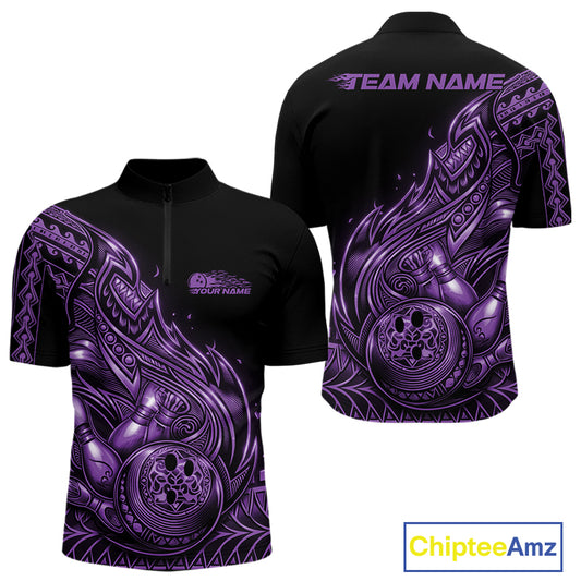Front and back views of a black and purple mens bowling quarter-zip shirt featuring bowling ball and pin artwork with flowing Polynesian tribal flames.
