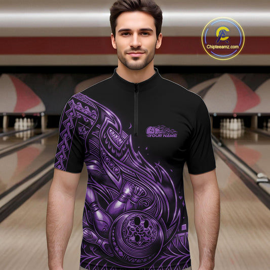 Male model wearing a black and purple bowling quarter-zip shirt at the bowling lane with tribal flame bowling graphics.