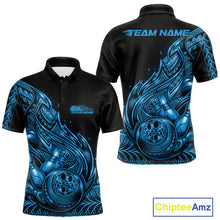 Load image into Gallery viewer, Custom Black And Blue Tribal Flame Bowling Men Polo Shirts, Polynesian Bowler Outfit IPHW10975