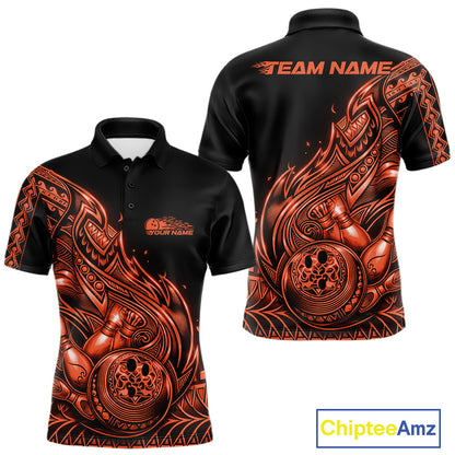 Front and back views of a black and orange mens bowling polo shirt featuring bowling ball and pin graphics with flowing tribal flames in a Polynesian style.