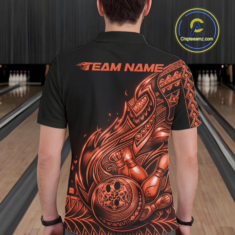 Back view of a male model in a black and orange bowling polo shirt showcasing flowing tribal flame motifs around bowling graphics.