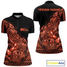 Load image into Gallery viewer, Custom Black And Orange Tribal Flame Bowling Women Shirts, Polynesian Bowler Outfit IPHW10976