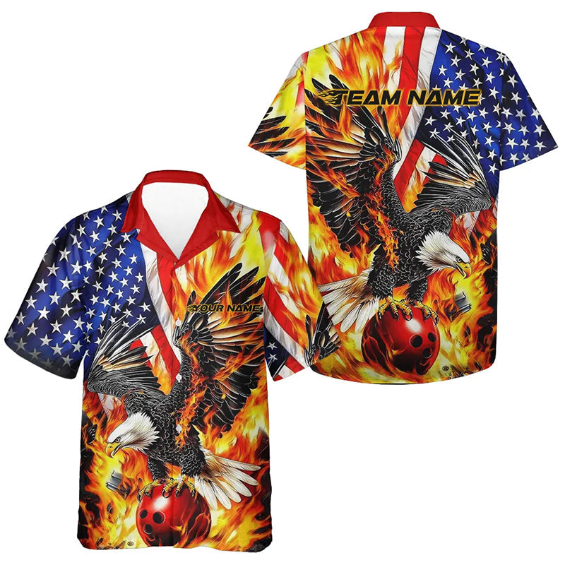 Custom Patriotic Eagle Bowling Men And Women Hawaiian Shirt, Fire Flame US Flag Bowling League Shirt IPHW7728
