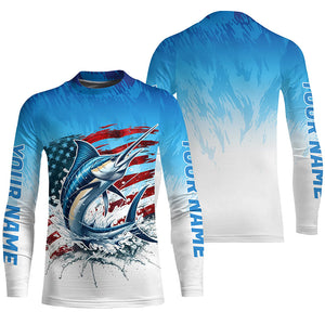 Custom Patriotic Marlin Long Sleeve Fishing Shirts, American Flag Marlin Saltwater Fishing Shirt IPHW7952