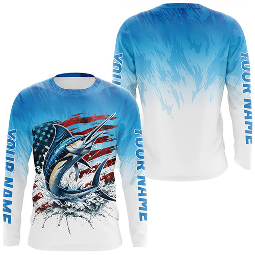 Custom Patriotic Marlin Long Sleeve Fishing Shirts, American Flag Marlin Saltwater Fishing Shirt IPHW7952