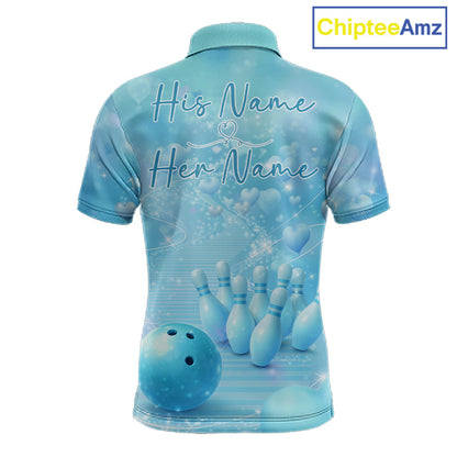 Custom Blue Valentine Bowling Shirts For Couple, Heart Theme Bowling Jerseys With His Name And Her Name IPHW10479