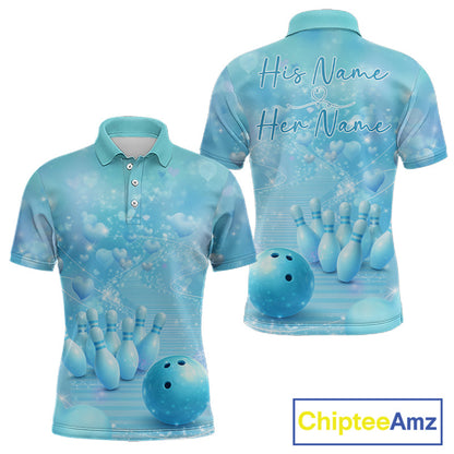 Custom Blue Valentine Bowling Shirts For Couple, Heart Theme Bowling Jerseys With His Name And Her Name IPHW10479