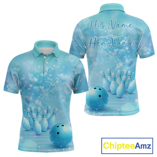Custom Blue Valentine Bowling Shirts For Couple, Heart Theme Bowling Jerseys With His Name And Her Name IPHW10479