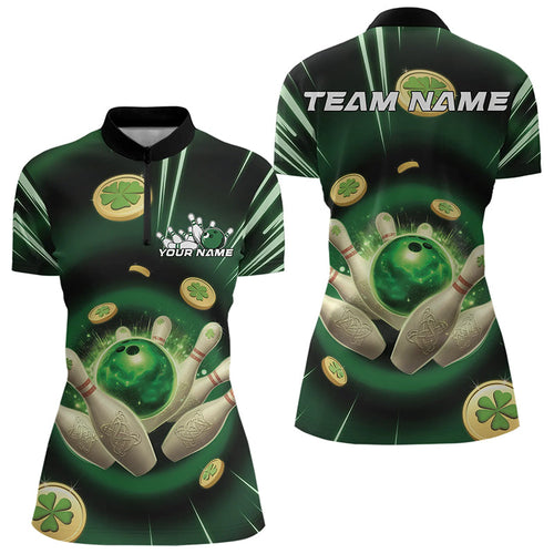Custom Lucky Strike St Patricks Bowling Womens Quarter-Zip Team Shirts, Green Bowling Shirt IPHW8583