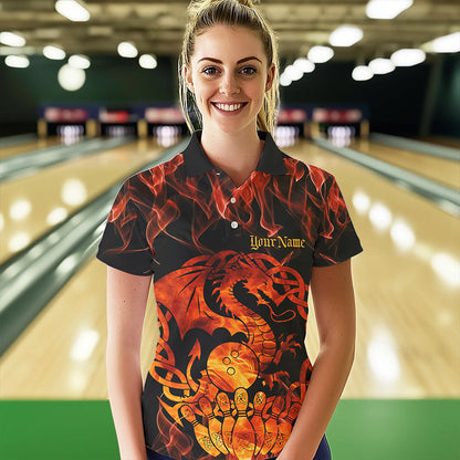 Custom Fire Flame Viking Dragon Bowling Polo Team Shirts For Women, Celtic Bowling Shirts IPHW8587