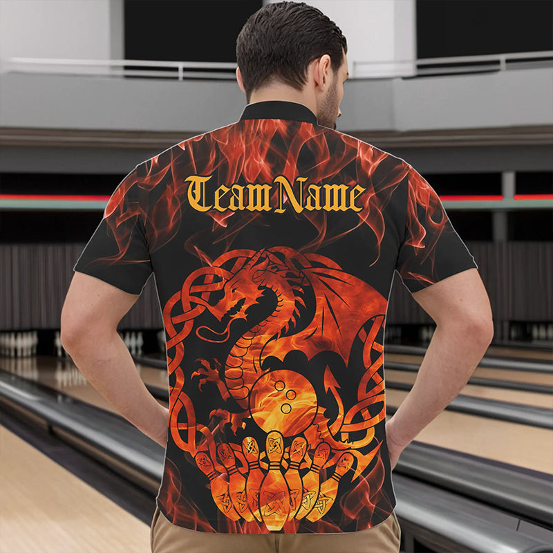 Custom Fire Flame Viking Dragon Bowling Quarter-Zip Team Shirts For Men, Celtic Bowling Shirts IPHW8587