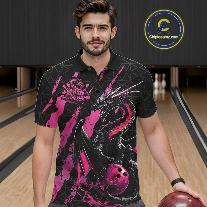 Custom Black And Pink Dragon Bowling Men Polo Shirts, Team Bowling Jerseys IPHW10749