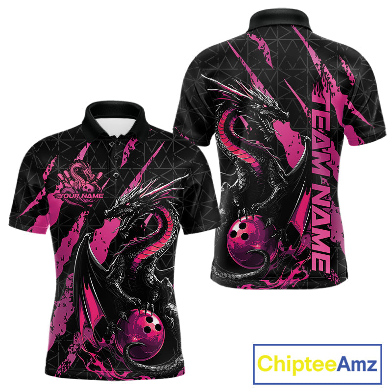 Custom Black And Pink Dragon Bowling Men Polo Shirts, Team Bowling Jerseys IPHW10749