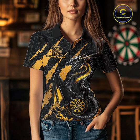 Custom Black And Gold Dragon Dart Women Polo Shirts, Team Dart Jerseys IPHW10751