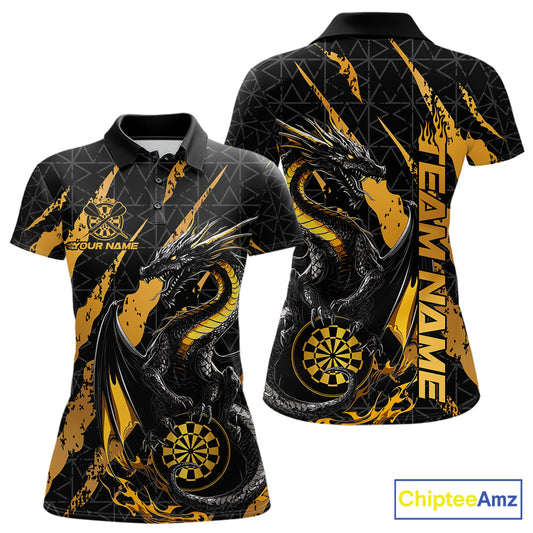 Custom Black And Gold Dragon Dart Women Polo Shirts, Team Dart Jerseys IPHW10751