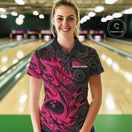 Custom Black And Pink Tribal Polynesian Bowling Team Women Shirts, Niho Mano Bowling Shirt IPHW10755