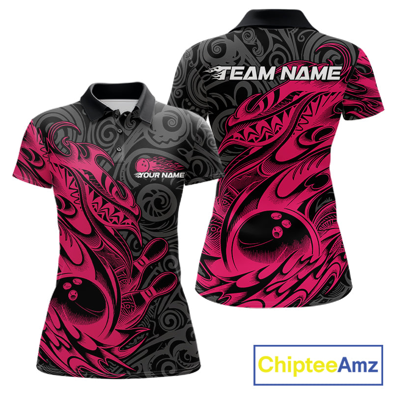 Custom Black And Pink Tribal Polynesian Bowling Team Women Shirts, Niho Mano Bowling Shirt IPHW10755