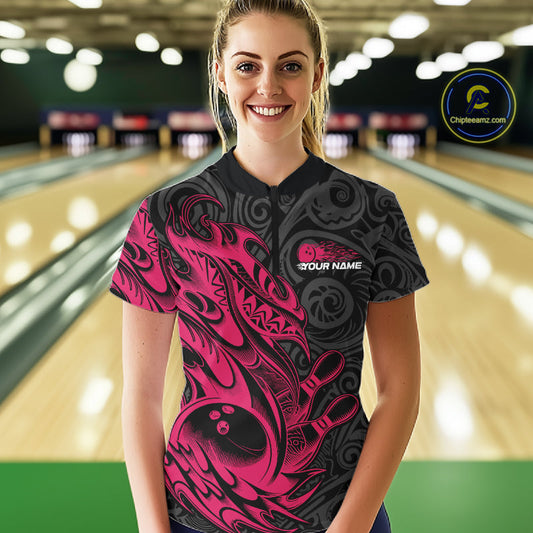 Custom Black And Pink Tribal Polynesian Bowling Women Shirts, Niho Mano Bowling Shirt IPHW10755
