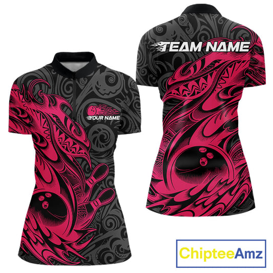 Custom Black And Pink Tribal Polynesian Bowling Women Shirts, Niho Mano Bowling Shirt IPHW10755