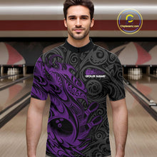 Load image into Gallery viewer, Custom Black And Purple Tribal Polynesian Bowling Team Men Shirts, Niho Mano Bowling Shirt IPHW10756