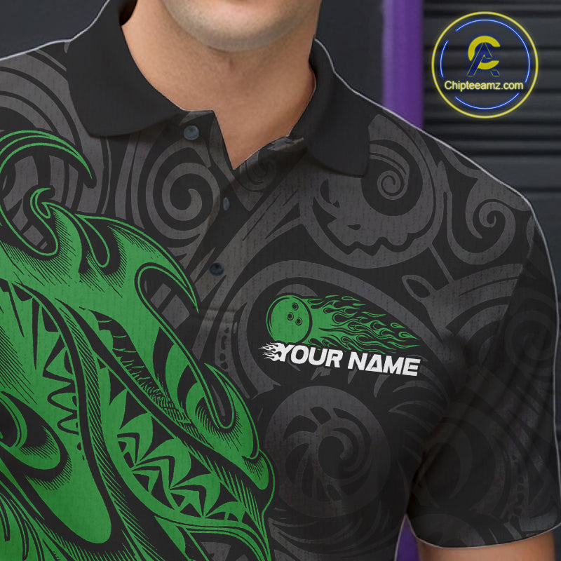 Custom Black And Green Tribal Polynesian Bowling Team Men Shirts, Niho Mano Bowling Shirt IPHW10757