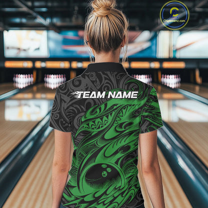 Custom Black And Green Tribal Polynesian Bowling Team Women Shirts, Niho Mano Bowling Shirt IPHW10757