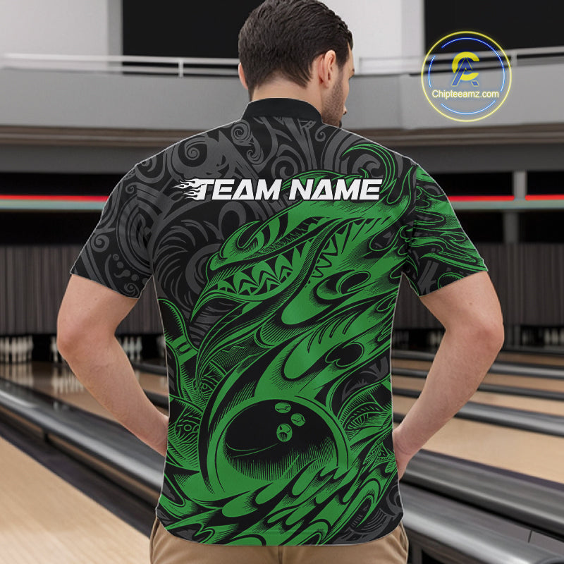 Custom Black And Green Tribal Polynesian Bowling Team Men Shirts, Niho Mano Bowling Shirt IPHW10757