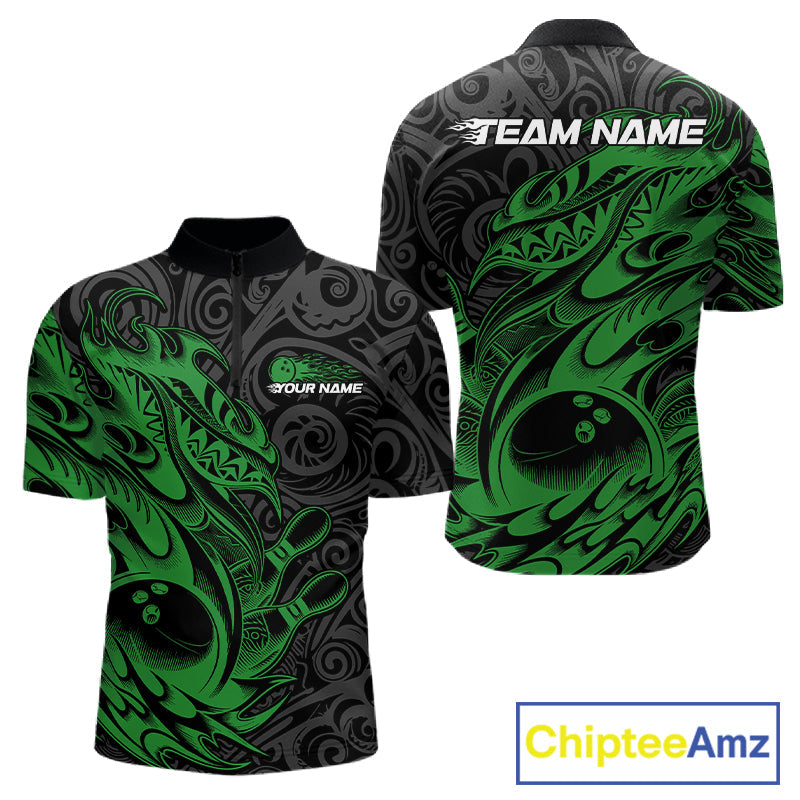 Custom Black And Green Tribal Polynesian Bowling Team Men Shirts, Niho Mano Bowling Shirt IPHW10757