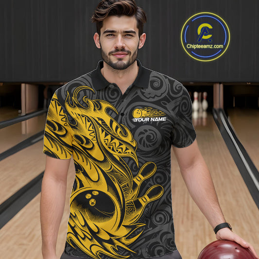 Custom Black And Yellow Tribal Polynesian Bowling Team Men Shirts, Niho Mano Bowling Shirt IPHW10758
