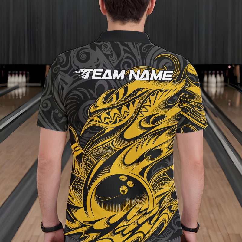 Custom Black And Yellow Tribal Polynesian Bowling Team Men Shirts, Niho Mano Bowling Shirt IPHW10758