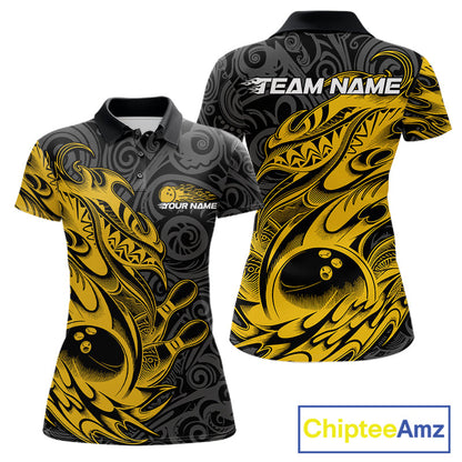 Custom Black And Yellow Tribal Polynesian Bowling Team Women Shirts, Niho Mano Bowling Shirt IPHW10758