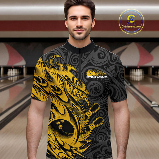 Custom Black And Yellow Tribal Polynesian Bowling Team Men Shirts, Niho Mano Bowling Shirt IPHW10758