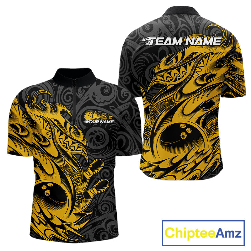 Custom Black And Yellow Tribal Polynesian Bowling Team Men Shirts, Niho Mano Bowling Shirt IPHW10758
